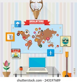 social media flat modern hipster vintage design vector illustration concept of creative office workspace, workplace. Icon collection marine, bicycle, deer, world map, guitar, flower, marine