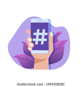 Social media flat style concept with smartphone in hand.  Vector illustration. 
