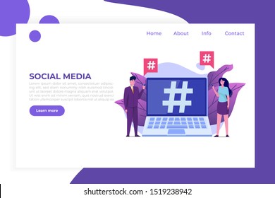 Social media flat style concept with characters.  Vector illustration. 