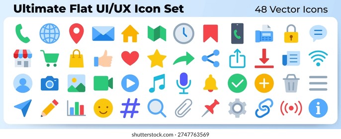 Social media flat UI UX vector icons for website and mobile application design. Essential interface symbol including home, mail, settings, search, cart, user, heart, camera, map for sns communication