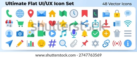 Social media flat UI UX vector icons for website and mobile application design. Essential interface symbol including home, mail, settings, search, cart, user, heart, camera, map for sns communication