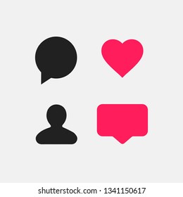 Social Media Flat Vector Icon Set. Comment, Like, New Follower, Bubble.