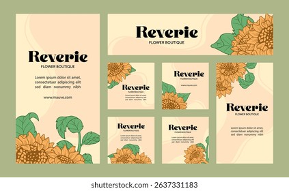 Social media floral template sunflower ornament line art style with soft yellow colors and minimalist theme