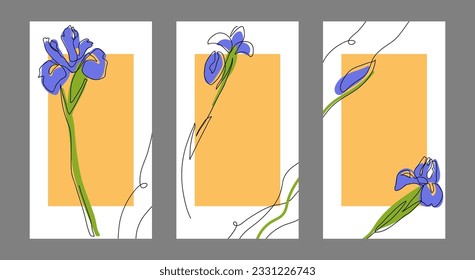 Plantillas florales de medios sociales con flor de iris. Fondo vector minimalista para publicaciones o historias. Un dibujo de línea continua de la flor iris.