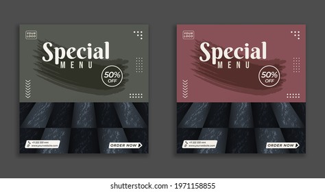 Social media flyer with special menu. Coffee offer with bundle design editable set. Coffee promotion on social media with vintage color style.