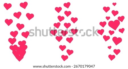 Social media flying hearts vector illustration stream of love emoji icons doodle pattern colorful feedback reaction internet comment post layout bubble red confetti celebration background set