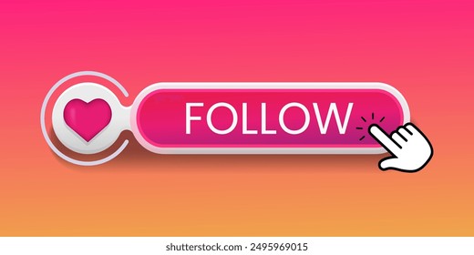 Social media follow button with 3d heart icon and hand pointer. Mobile app interface design. Social media search bar icon. 3D minimal follow button  icon and arrow for UI, mobile app, website.