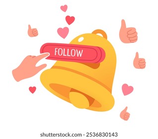 Social media follow button and notification bell. Hand finger pressing tapping follow button, thumb up, hearts, like signs. Subscription promotion, support, web marketing concept vector illustration