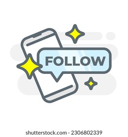 social media follow button with smartphone screen concept illustration flat design editable vector eps10. modern graphic element for landing page ui, infographic, icon