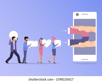 Social media followers and users attracted by magnet in smartphone vector illustration. SMM magnetic concept.