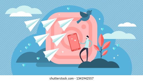 Social media followers vector illustration. Flat tiny persons concept. Flying messaging symbols and information flow. Mobile networking influence marketing culture. Online content audience building. Social media followers vector illustration. Flat tiny persons concept. Flying messaging symbols and information flow. Mobile networking influence marketing culture. Online content audience building.