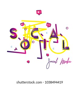 Social media - a font inscription with icons of new friends, likes and comments with beautiful design elements. Flat vector illustration EPS 10.
