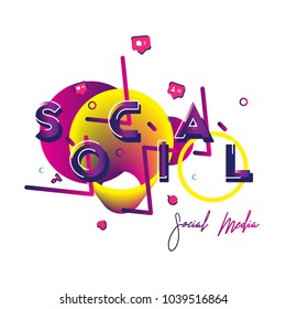 Social media - a font inscription with icons of new friends, likes and comments with beautiful design elements. Flat vector illustration EPS 10.