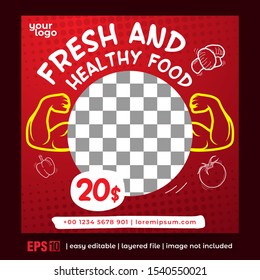 Social Media Food Design with Muscle Concept in Red Background