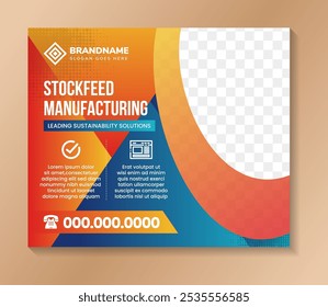 social media food industry post promotion collection template. triangle gradient blue and orange color pattern background in horizontal layout. space for photo. stock feed manufacturing storage banner