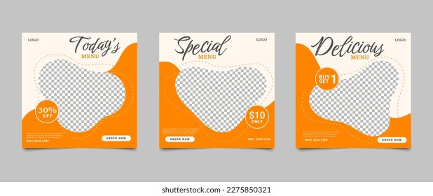 Social media food menu post template design. Editable social media square banner for restaurant and culinary promotion. Set of layouts for marketing on social media. Vector illustration.