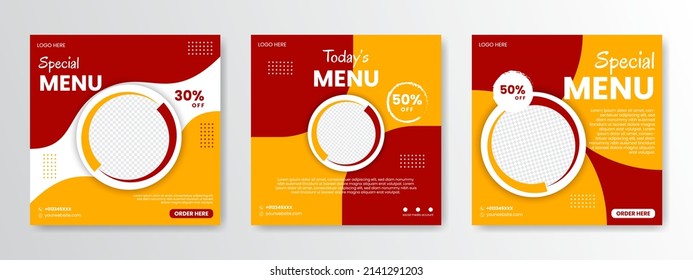 Social media food template, restaurant social media post template, with red, orange and white color combination