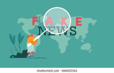 Social Media Forgery Information Concept. Woman with Huge Magnifying Glass Looking on Fake News Typography at World Map Background Poster Banner Flyer Brochure. Cartoon Flat Vector Illustration