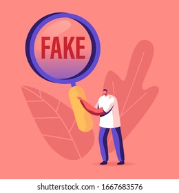 Social Media Forgery Information Concept. Male Character with Huge Magnifying Glass Looking on Fake News Typography. People Blabber, Read False Info, Spreading Scandals. Cartoon Vector Illustration