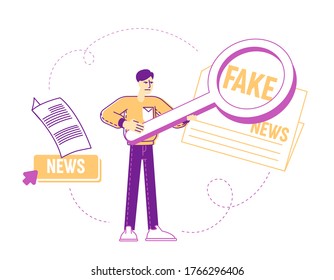 Social Media Forgery Information Concept. Male Character with Huge Magnifying Glass Looking on Fake News Headline in Newspaper. Character Read False Info, Spread Scandals. Linear Vector Illustration