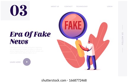 Social Media Forgery Information Landing Page Template. Male Character with Huge Magnifying Glass Looking on Fake News. People Blabber, Read False Info, Spreading Scandals. Cartoon Vector Illustration