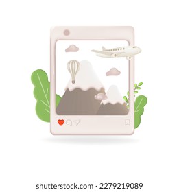 Social media frame. 3d illustration on the theme of travel. Plane, mountains, hot air balloon, clouds photos in instagram. Vector illustration