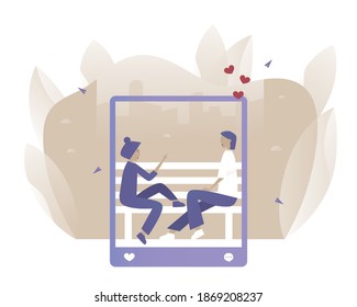 Social media frame. Man sit with a girl at park.  Vector illustration with Web communication idea for telework, remote working, social media, business, finance, and start up