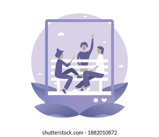 Marco de medios sociales. Hombre sentado con una chica en el parque.  Ilustración vectorial para teletrabajo, trabajo a distancia, medios sociales, negocios, finanzas y puesta en marcha