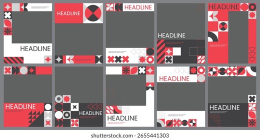 Plantilla de marco de redes sociales con patrón geométrico, twibon geométrico abstracto con colores rojo y blanco