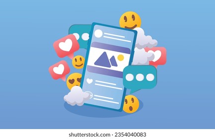 Social Media with frames Social media posts like buttons and emojis.on blue background.Vector Design Illustration.