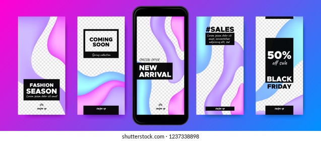 Social Media Frames Templates. Story Design for Photo or Product Presentation. Promotion of Discount in Social Network. Abstract Colorful Fluid Shape. Swipe Up Button, Sales Day, Social Media Concept.