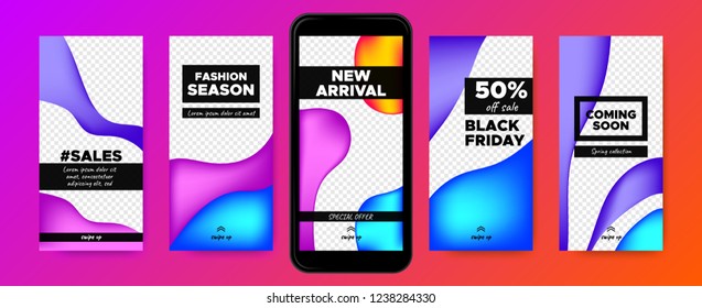 Social Media Frames Templates. Story Design for Photo or Product Presentation. Promotion of Discount in Social Network. Abstract Colorful Fluid Shape. Swipe Up Button, Sales Day, Social Media Concept.