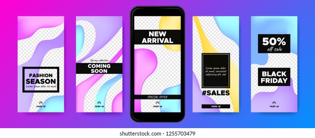 Social Media Frames Templates. Story Design for Photo or Product Presentation. Promotion of Discount in Social Network. Abstract Colorful Fluid Shape. Swipe Up Button, Sales Day, Social Media Concept.