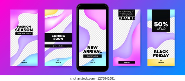 Social Media Frames Templates. Story Design for Photo or Product Presentation. Promotion of Discount in Social Network. Abstract Colorful Fluid Shape. Swipe Up Button, Sales Day, Social Media Concept.