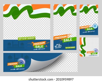 Social Media Freedom Sale Banner, Poster And Template Design With Wavy Indian Ribbon And Copy Space.