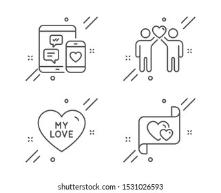 Social media, Friends couple and My love line icons set. Love letter sign. Mobile devices, Friendship, Sweet heart. Heart. Love set. Line social media outline icon. Vector