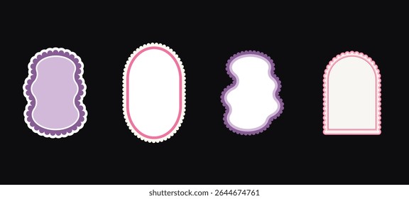 Social media funky frames. Set of kid borders with scallop wavy edges. Text boxes, callout templates for invitation. Ellipse, arch and liquid organic geometric shapes. Vector abstract doodles cadres.