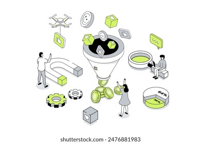 Social Media Funnel 3D-isometrisches Konzept in Outline-Isometrie-Design für Web. Menschen, die die Strategie der Lead-Generationen mit Kegel nutzen, neue Zielgruppen anziehen und sich in Käufer verwandeln. Vektorillustration.