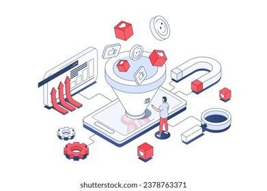 Social media funnel concept in 3d isometric design. Marketer attracting new audience and converting, using lead generations strategy. Vector illustration with isometry people scene for web graphic