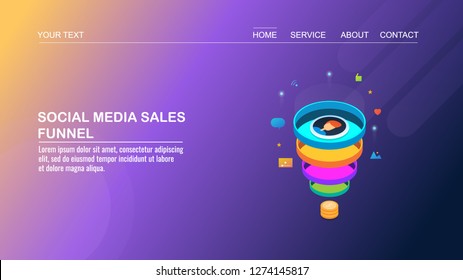 Social media funnel, Conversion funnel for Social media marketing flat 3D isometric vector banner