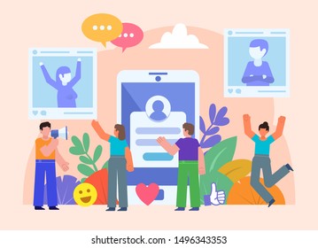 Social media generation. Group of people stand near big phone. Share, like, comment photos. Flat design vector illustration