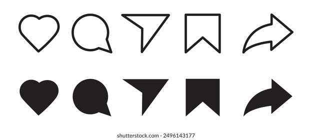 social media generic reaction icons set, media user interface icons. Like, comment, share and save icons. Social media flat icon.