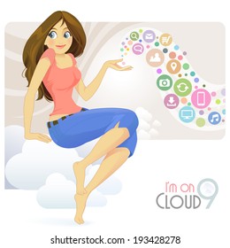 Social Media girl sitting on Cloud gesturing about social activities.