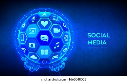 Social media global connection concept. Social networking and blogging. Abstract 3D sphere or globe with surface of hexagons with a different social media icons in wireframe hands. Vector illustration