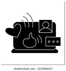 Social Media Glyph Icon. Laptop Computer With Like, Comment And Share. Social Network News Informational Spreading Channel Concept. Filled Flat Sign. Isolated Silhouette Vector Illustration