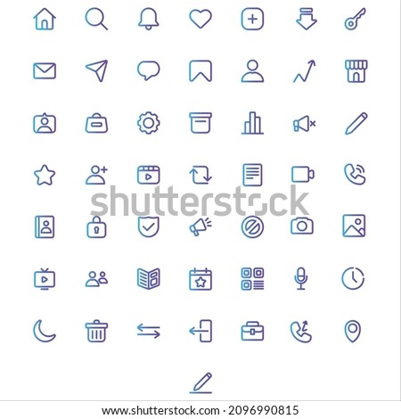 Social Media Gradient Vector Outline Icon Set. Contains such icons as home, share, send, chat, password, like, love, and more. Expanded stroke