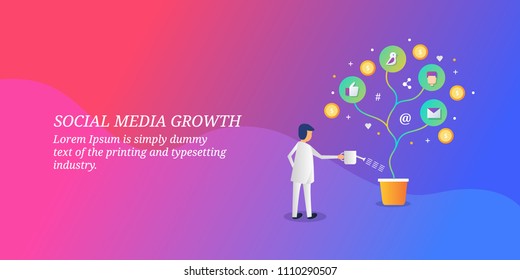 Social Media Growth - Business Growth Concept - Social Media Marketing - Vector Banner Illustration With Icons And Texts