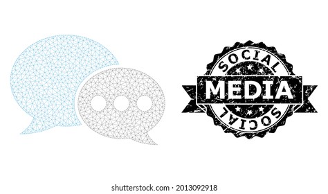 Social Media grunge stamp and vector forum messages mesh structure. Black stamp seal contains Social Media title inside ribbon and rosette. Abstract 2d mesh forum messages, created from flat mesh.