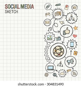 Social Media Hand Draw Integrate Icons Set On Paper. Colorful Vector Sketch Infographic Illustration. Connected Doodle Pictogram: Internet, Digital, Marketing, Network, Global Interactive Concept