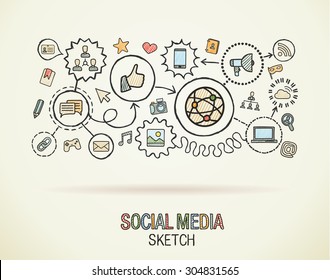 Social media hand draw integrate icons set on paper. Colorful vector sketch infographic illustration. Connected doodle pictogram: internet, digital, marketing, network, global interactive concept